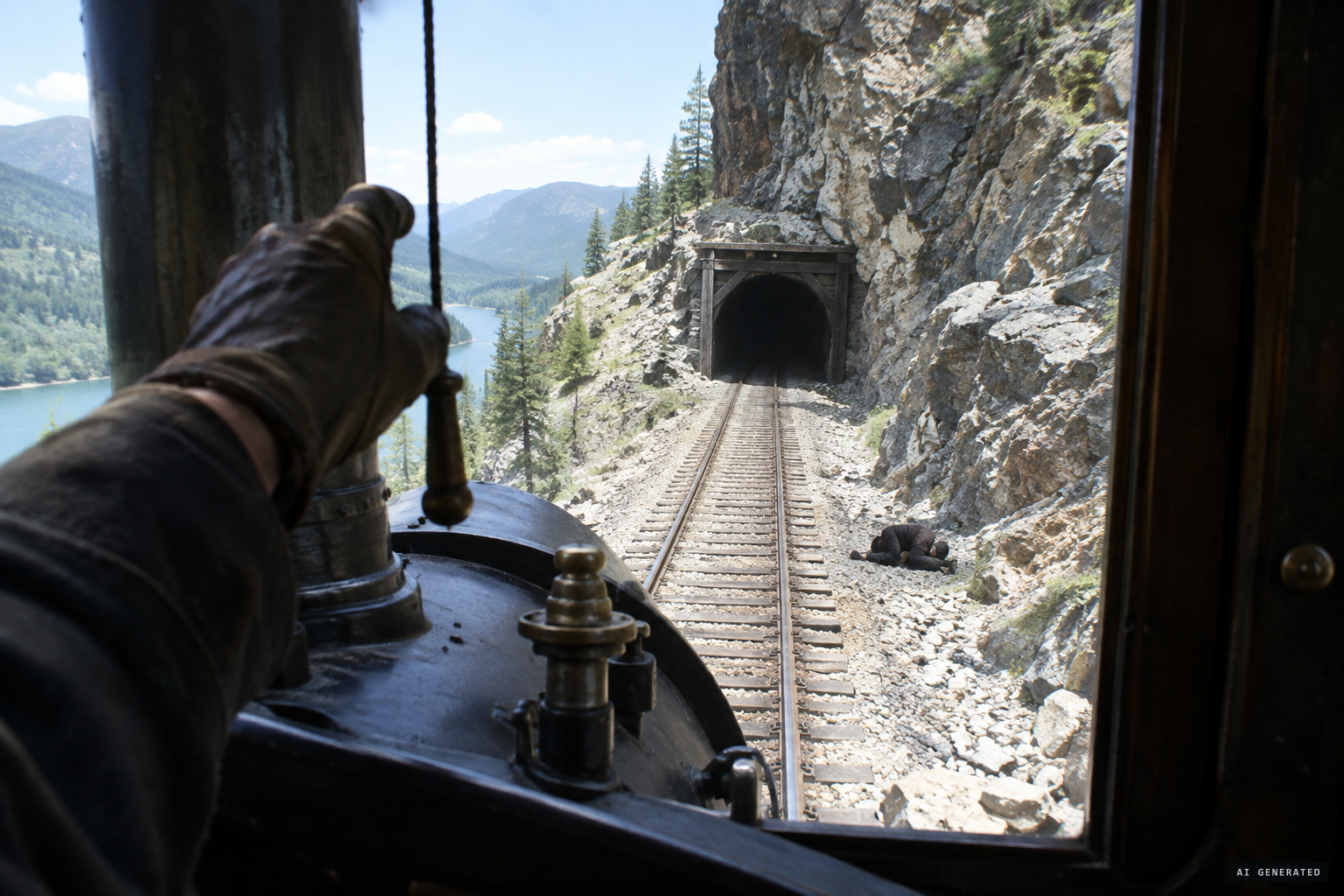 Engineer Ned Austin sees what he takes for a man asleep beside the track and signals for the brakes.