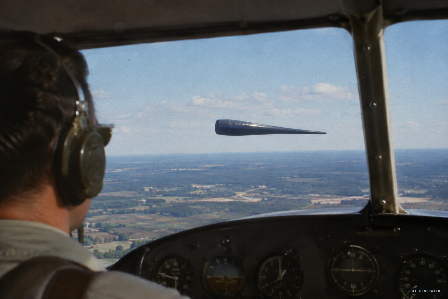 A dark, wingless object about 60 feet long crosses 500 feet in front of the plane.