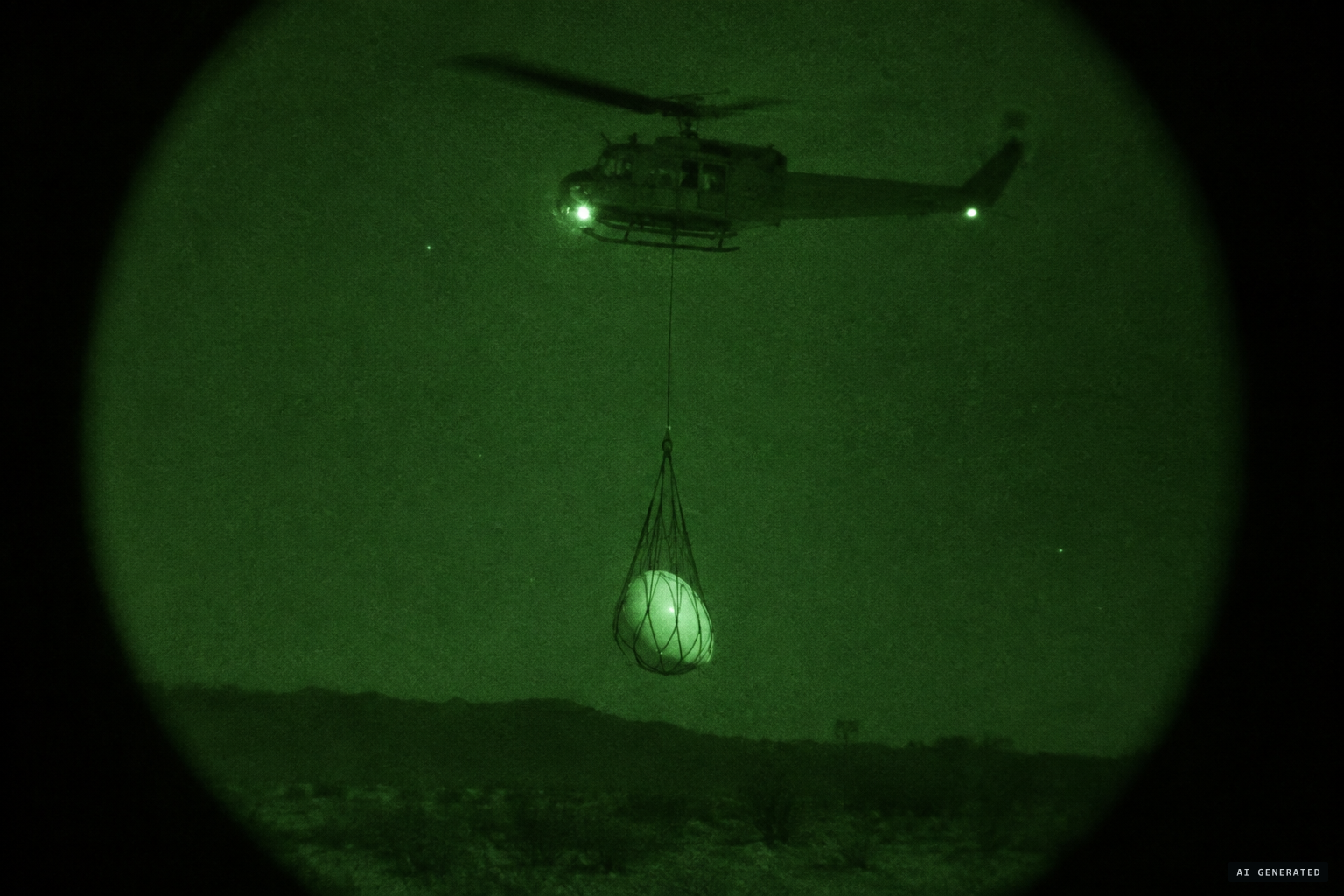 The 11-second clip: a white ovoid in a cargo net under a helicopter, lowered toward the ground