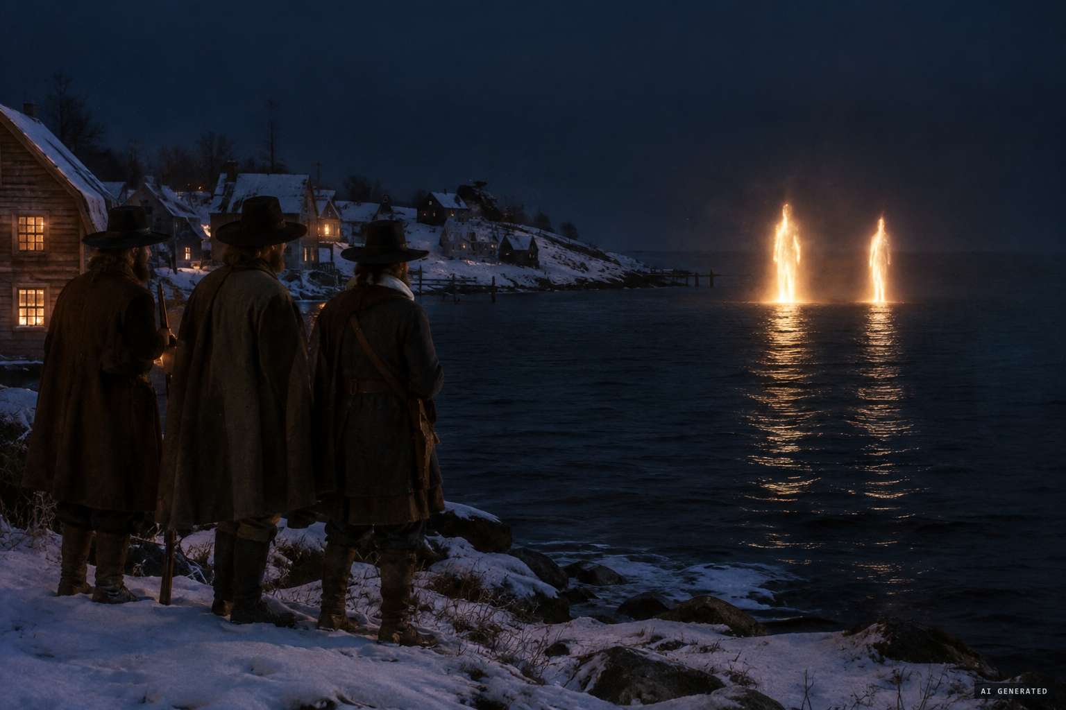 Two lights rise out of the water in the form of a man, 1644