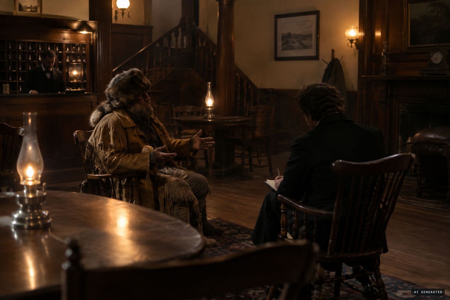 Old trapper James Lumley tells his story at the Everett House, St. Louis