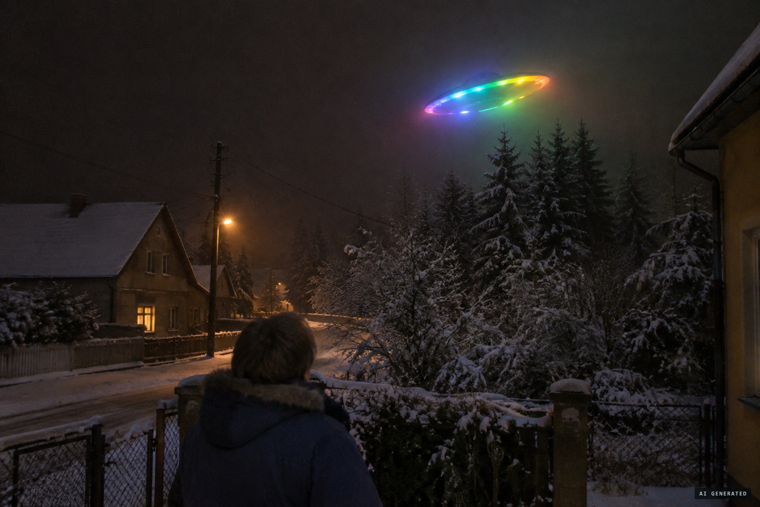 Henryk Darowski sees a large rainbow-coloured disc rocking above the trees