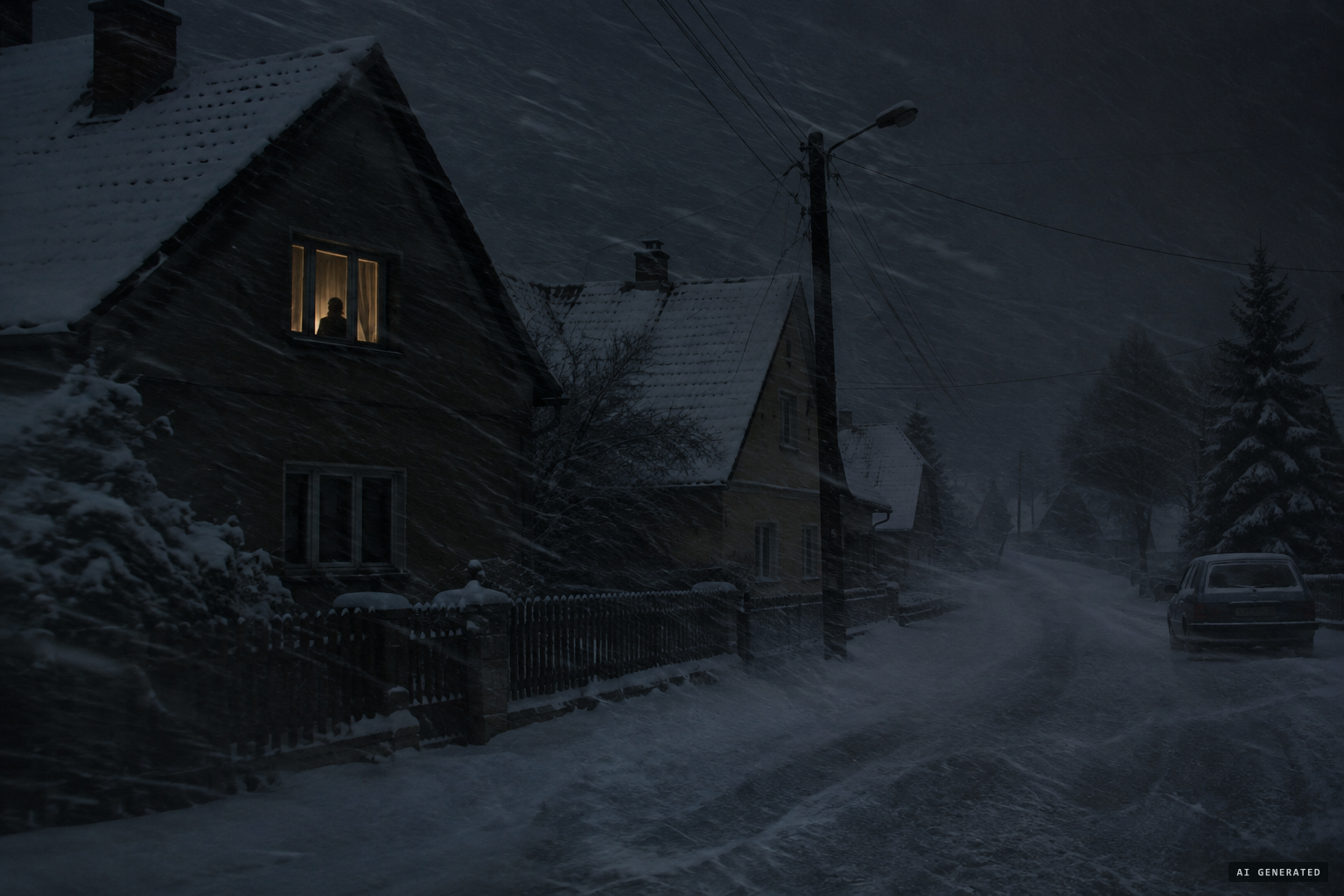 Lights go out along the street and a sudden wind sweeps through