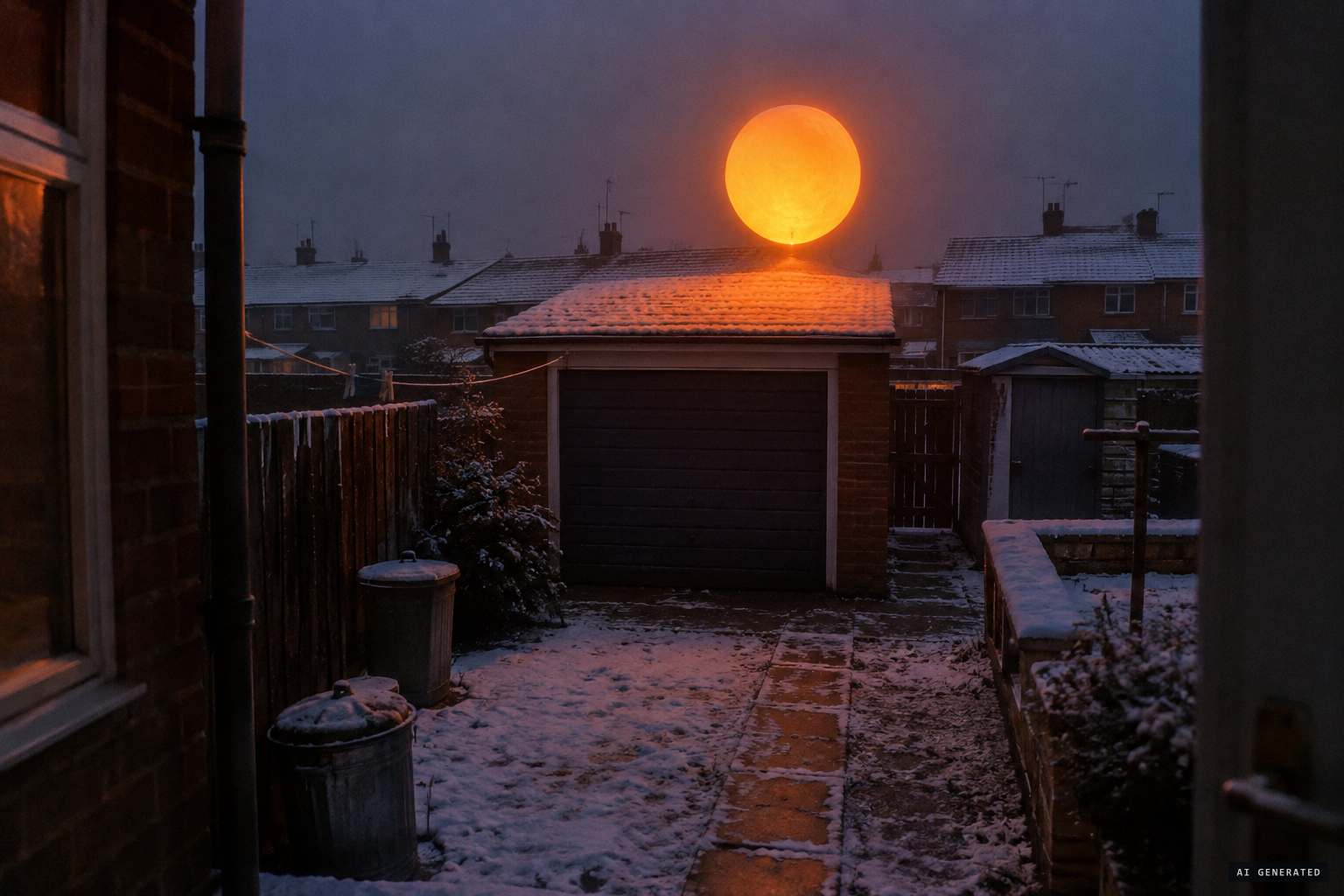 A large orange sphere hovers close to the garage roof