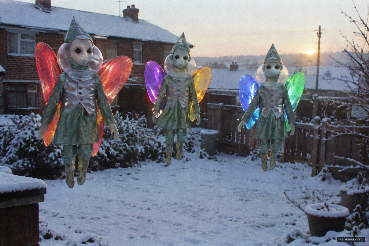 Three winged beings in fish-bowl helmets float above the ground