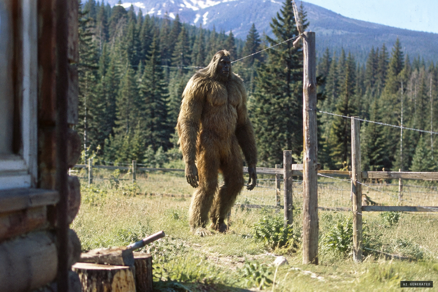 A huge hairy man, about 7½ feet tall against the fence posts