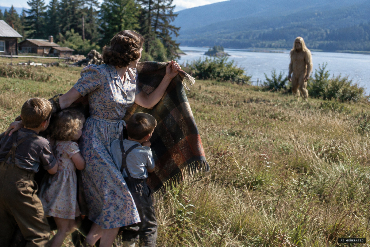 Jeannie holds up a blanket between the creature and her children