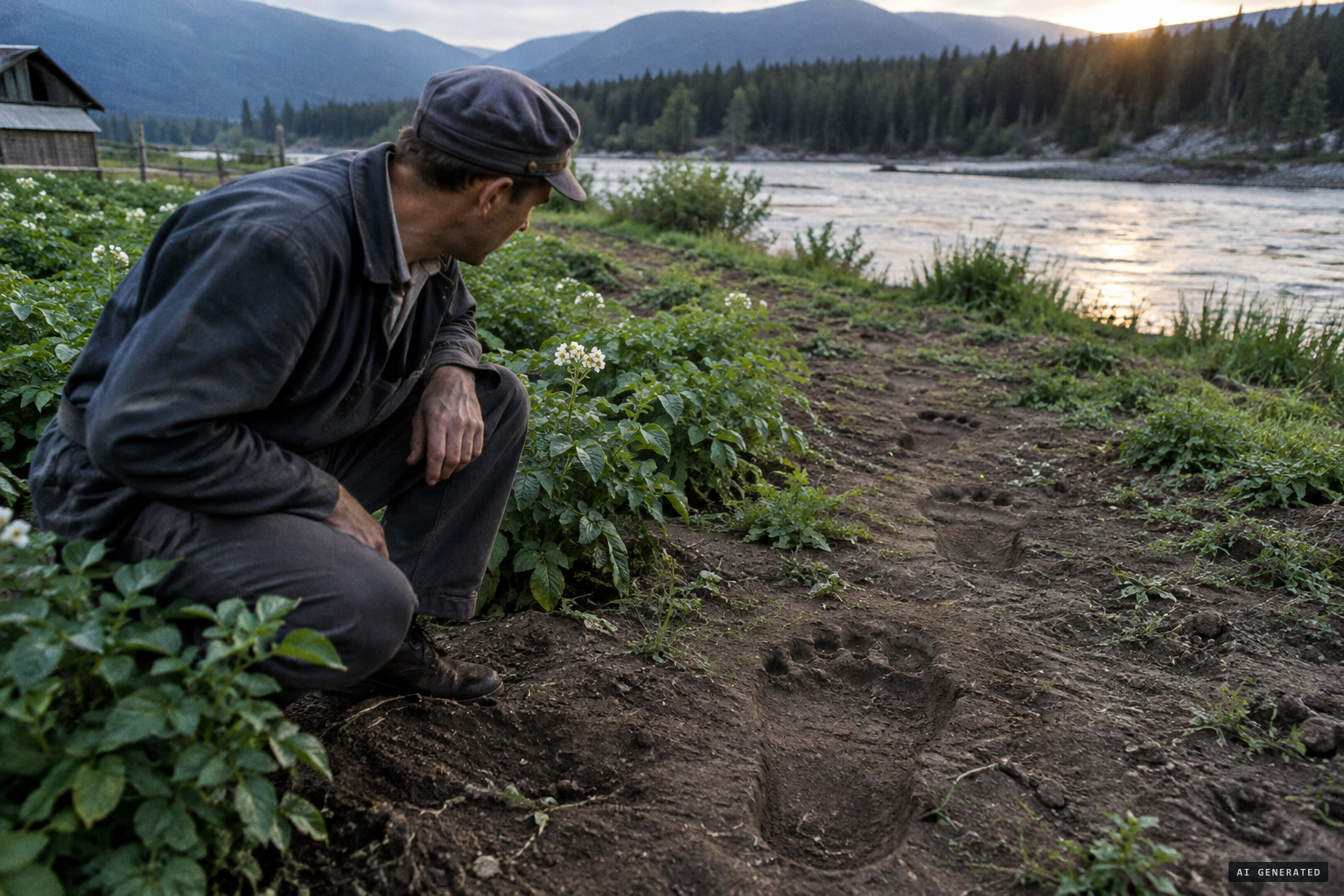 George Chapman finds enormous footprints coming down from the potato patch