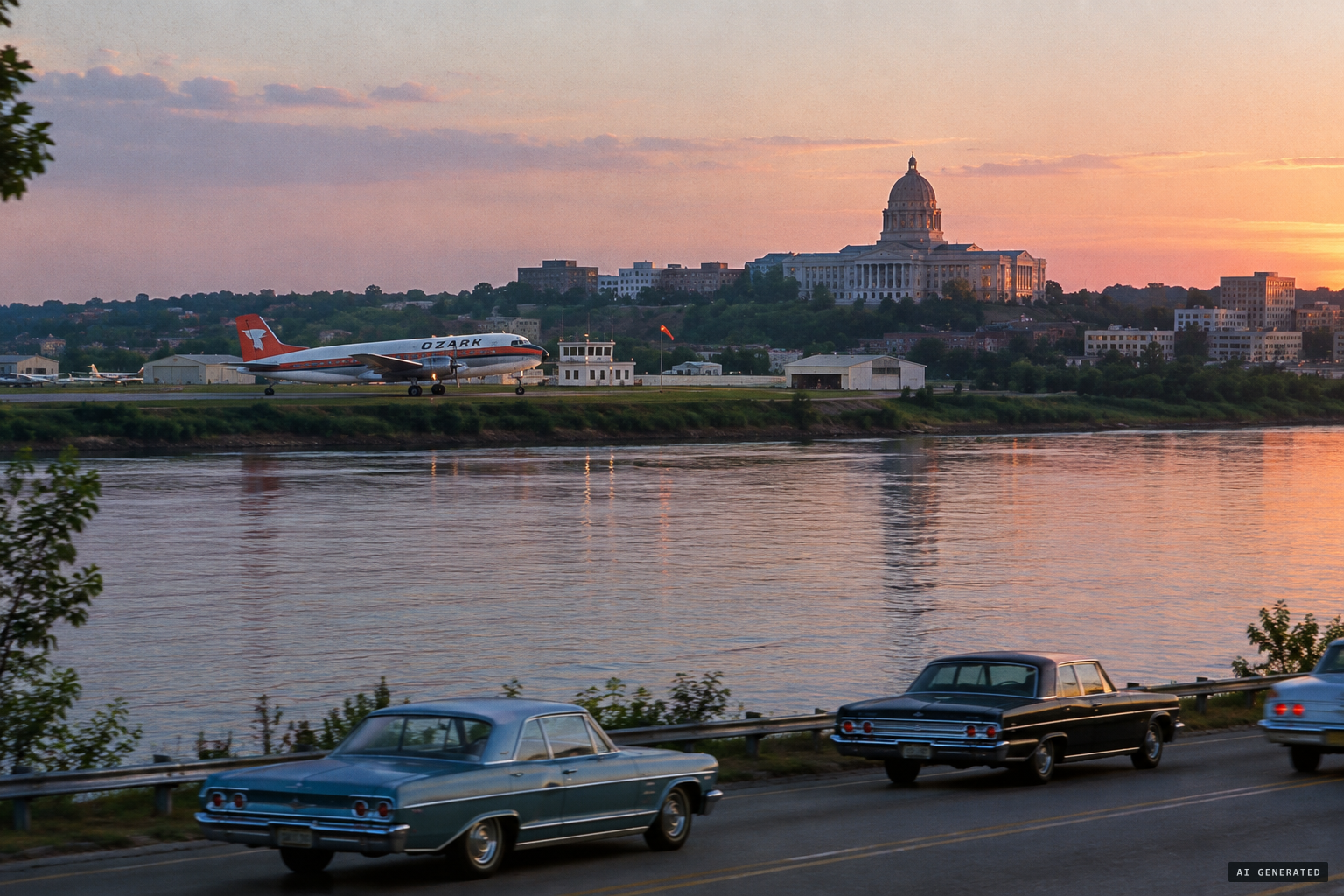 Jefferson City on the Missouri River, with Memorial Airport on the north bank