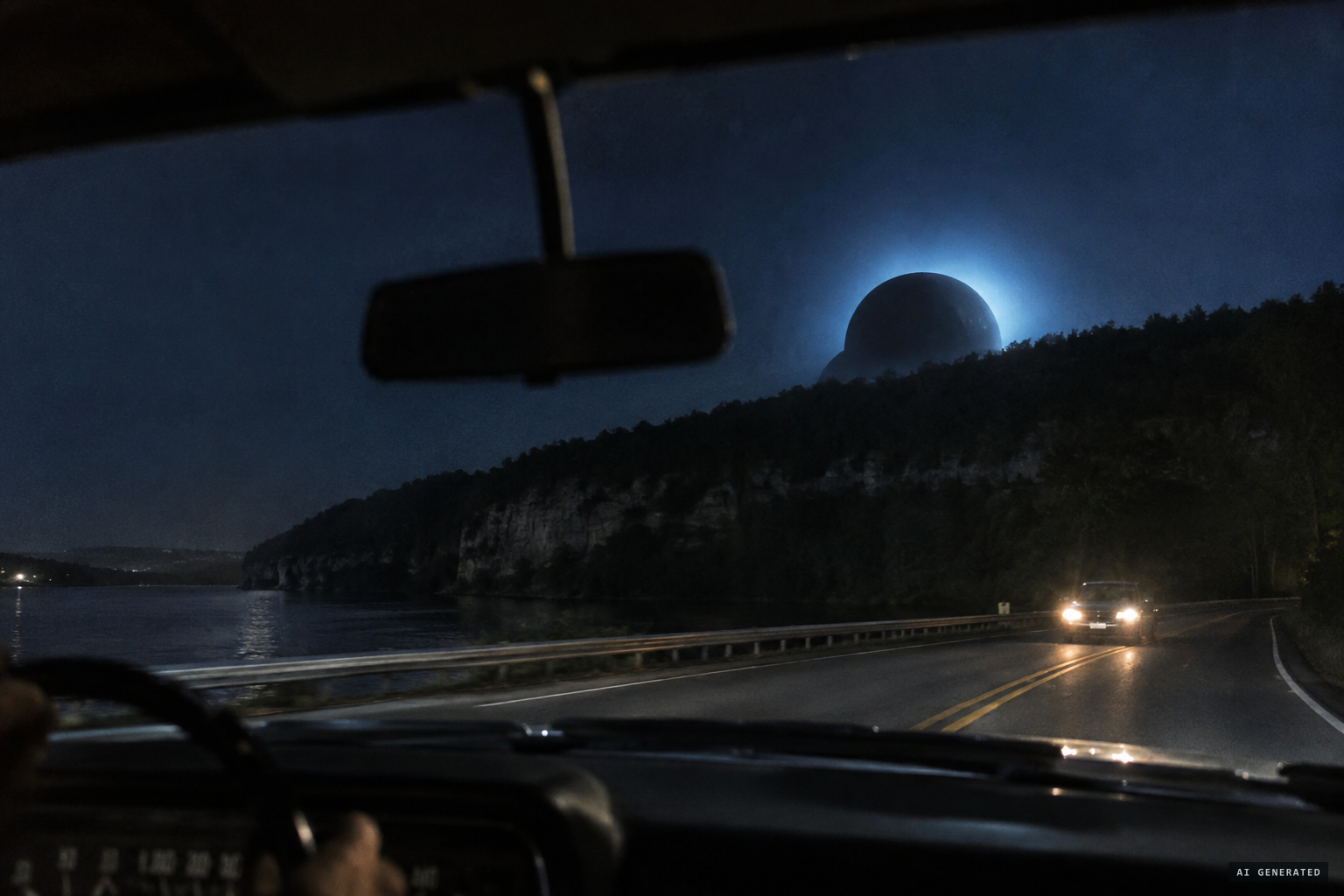 A huge helmet-shaped object comes over the river bluff