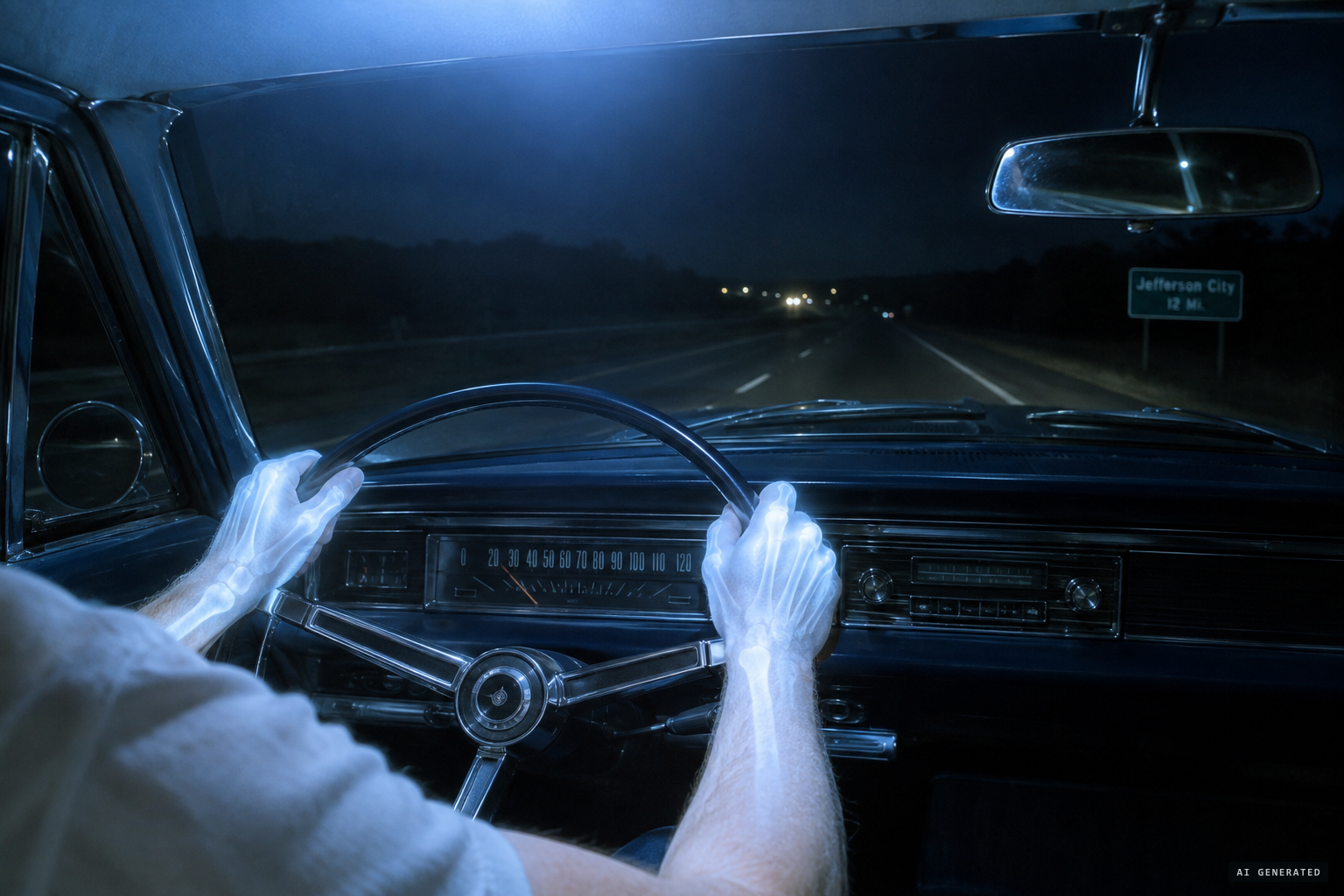 The object's terrific light fills the car and turns his hands to X-rays
