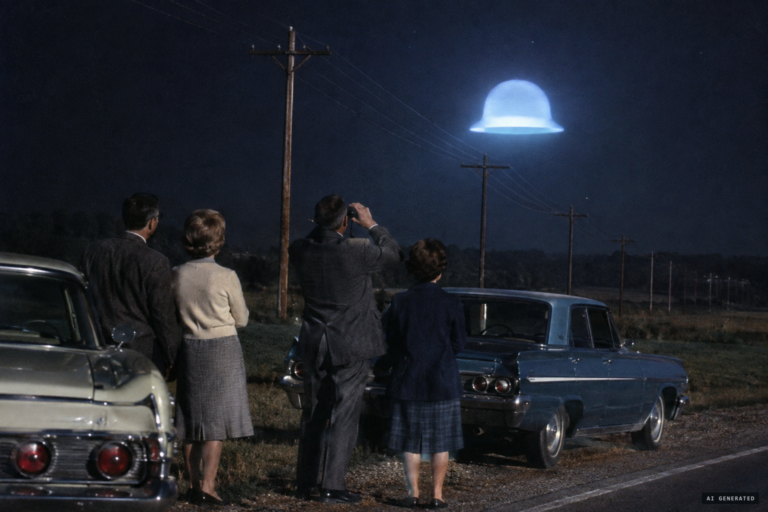 Witnesses watch the object hang over the power lines through binoculars