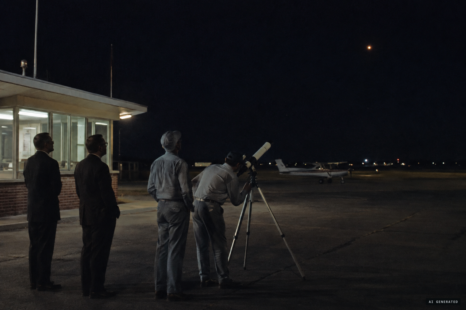 Airport staff watch an orange light flashing red-blue through a telescope