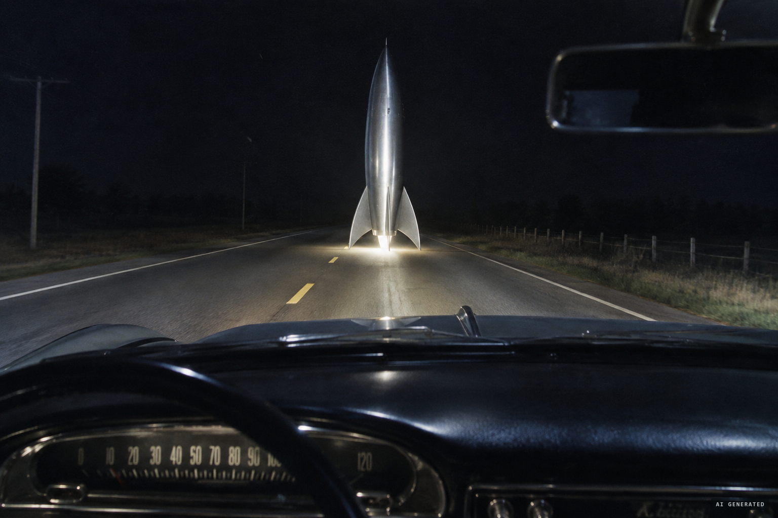 A silver rocket on three fins stands in the road, lit from beneath