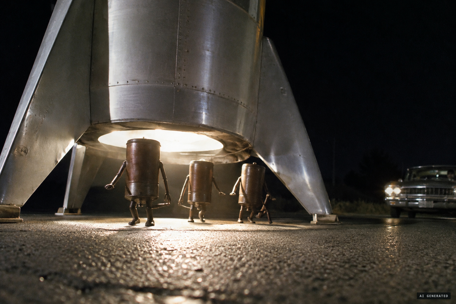 Three beer-can-sized beings with tripod legs come out from under the craft