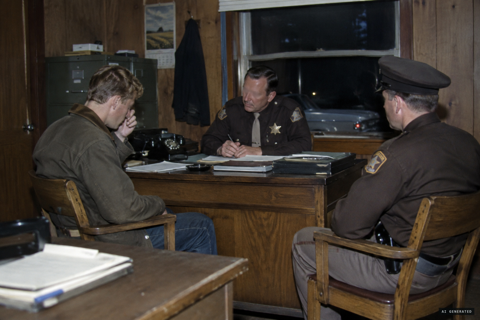 Townsend reports to Sheriff Bain and Officer Lubitz, nervous and shaky