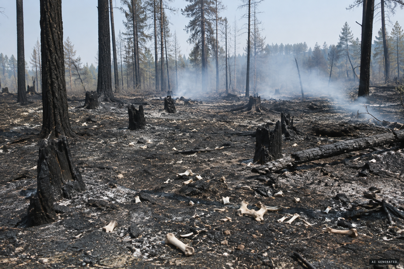 Bone fragments scattered, only what the fire left behind
