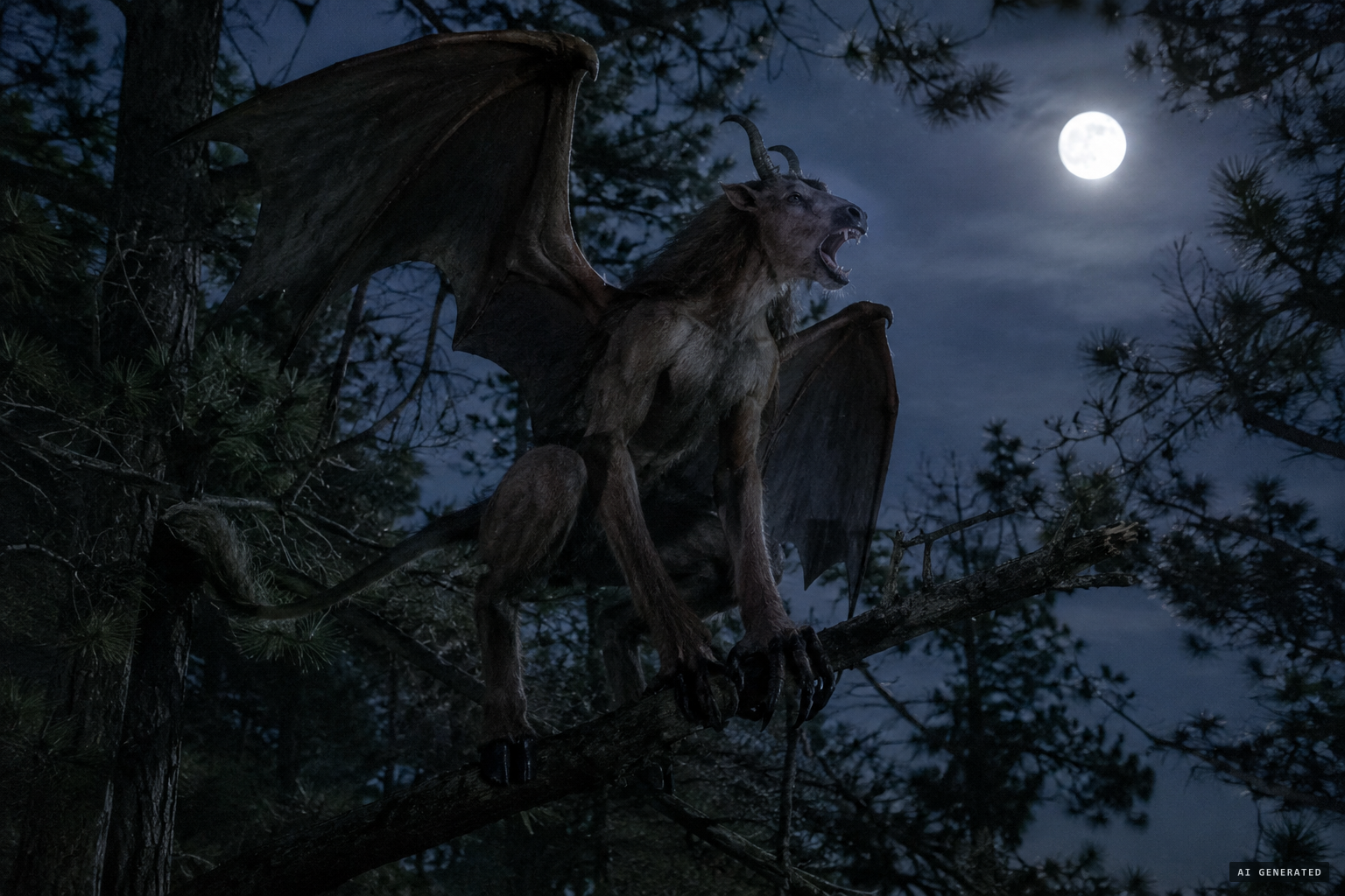 The Jersey Devil of tradition: horse-like head, bat wings, hooves and forked tail