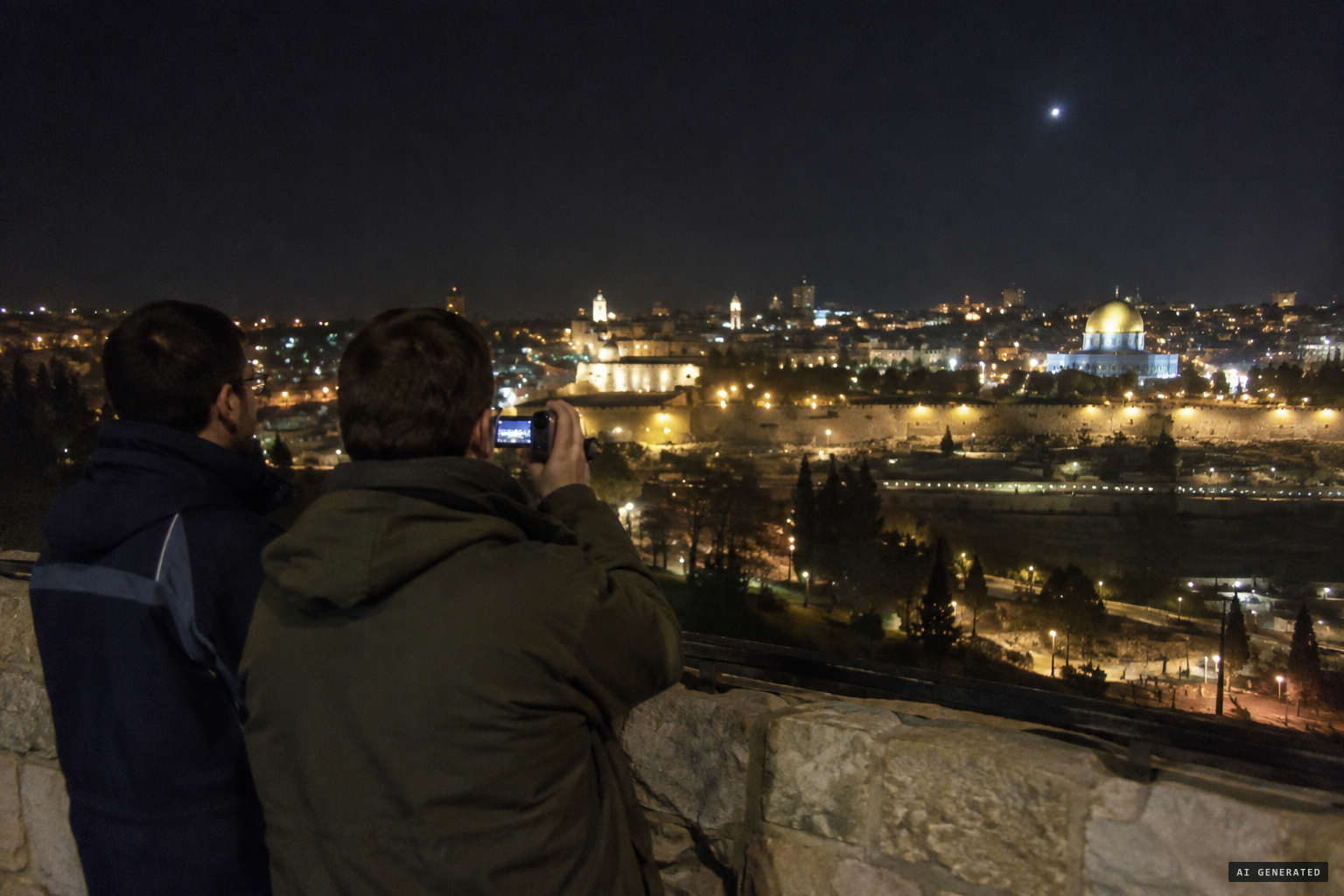 Two men filming north from the promenade as a bright light appears over Jerusalem
