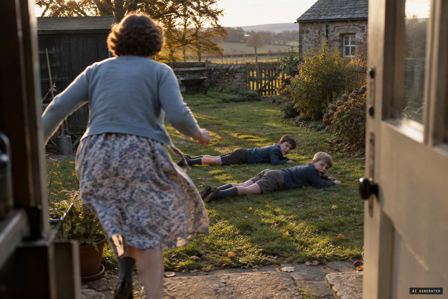 Jessie runs into the garden and finds her sons lying flat in terror