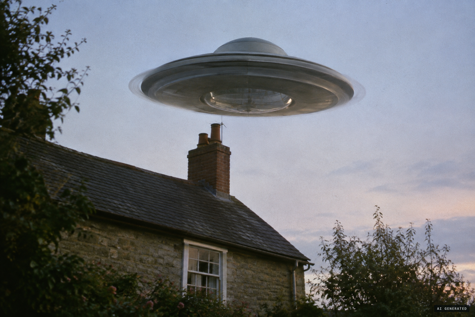 A silent, dull-silver domed saucer with a revolving rim hangs very low over the cottage