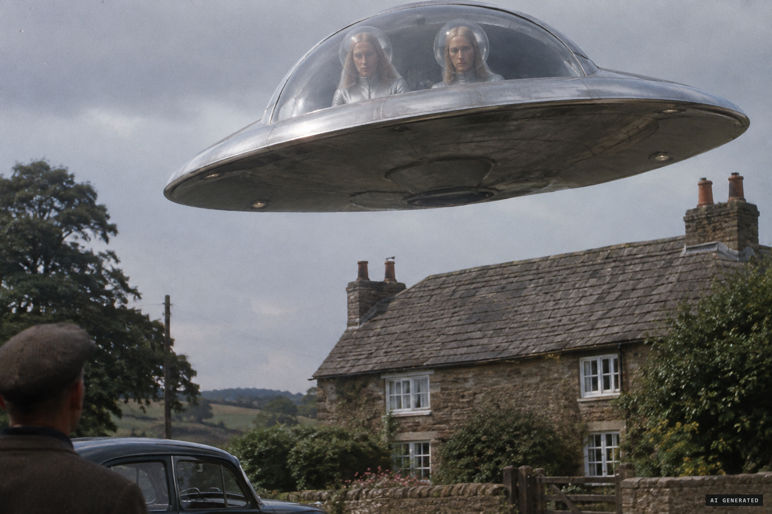 Two unsmiling, long-haired occupants in transparent helmets stare at the children