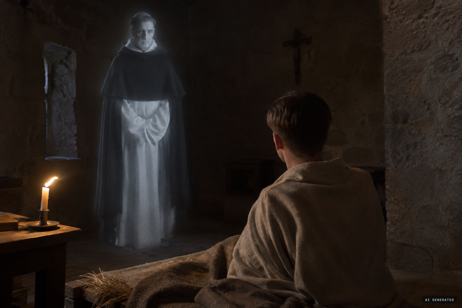 The spirit of a former prior appears in Jetzer's cell, its hand at his throat