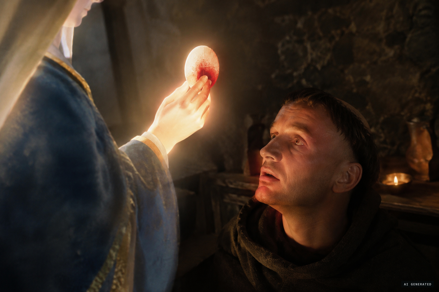 A white communion wafer in Mary's hand turns red