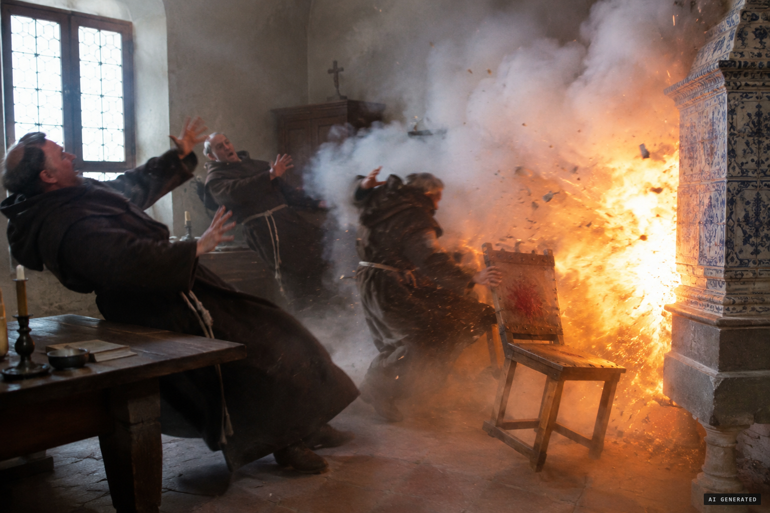 Trying to burn the stained chair, the stove and room are said to explode