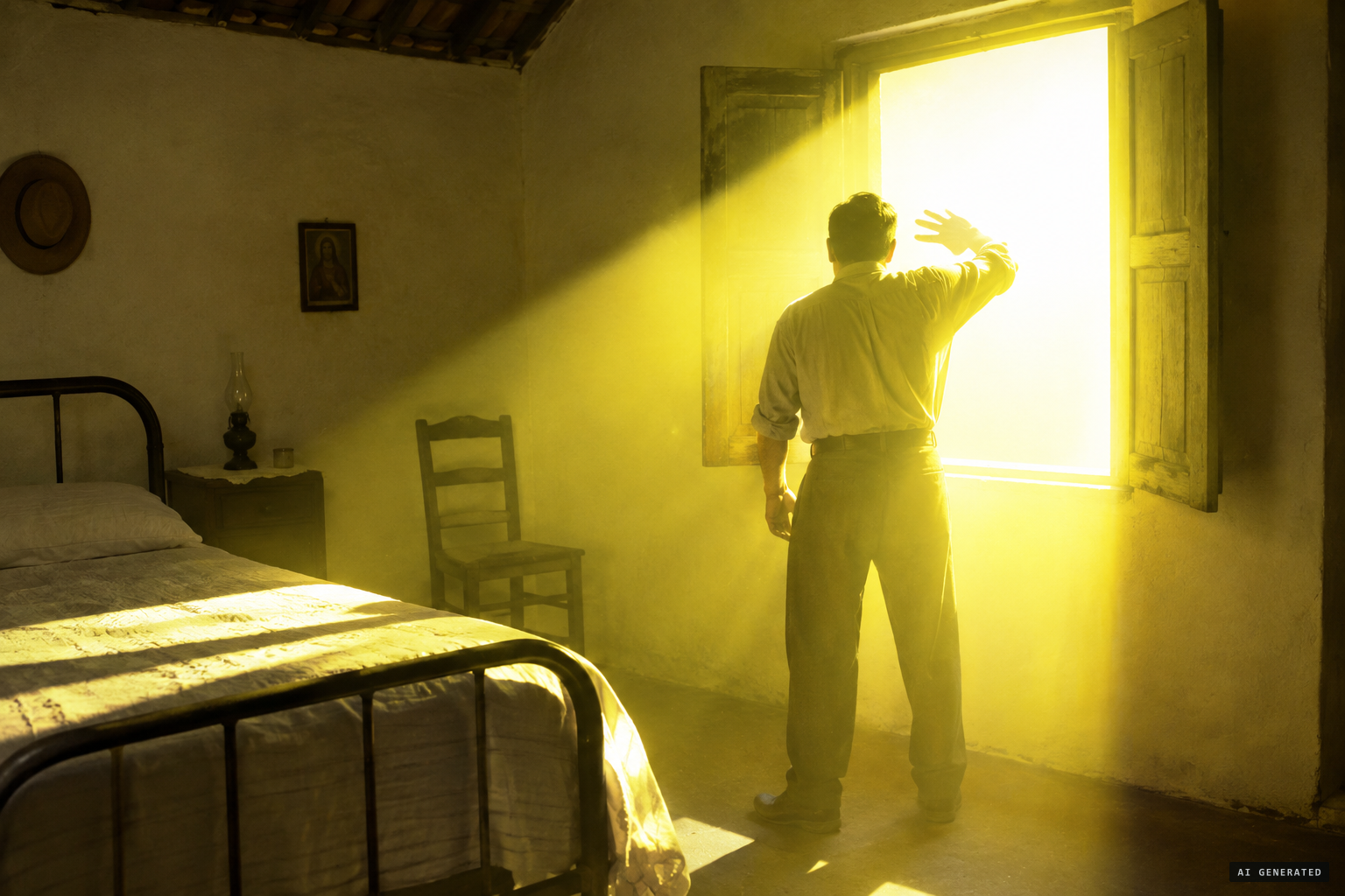 A yellowish ray comes through the window and lights up the whole house