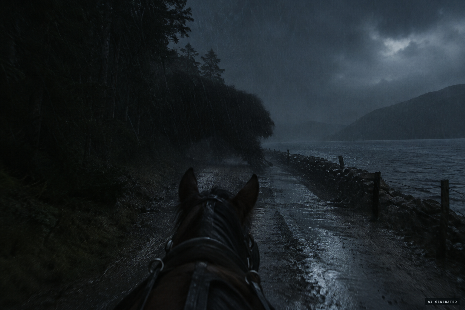 A very big animal crosses the road from the forest toward the loch