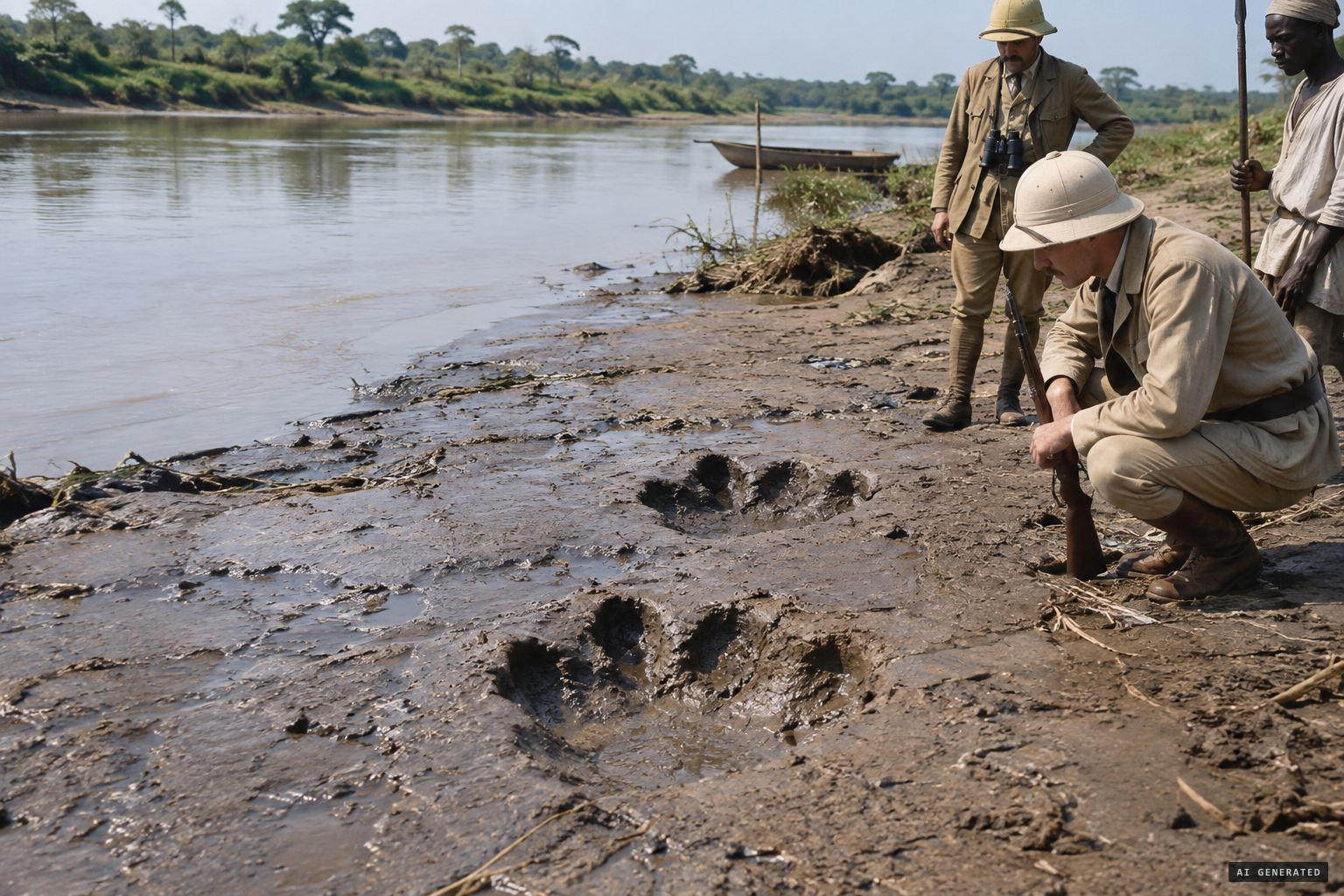 Clawed tracks as wide as a hippo's in the mud.