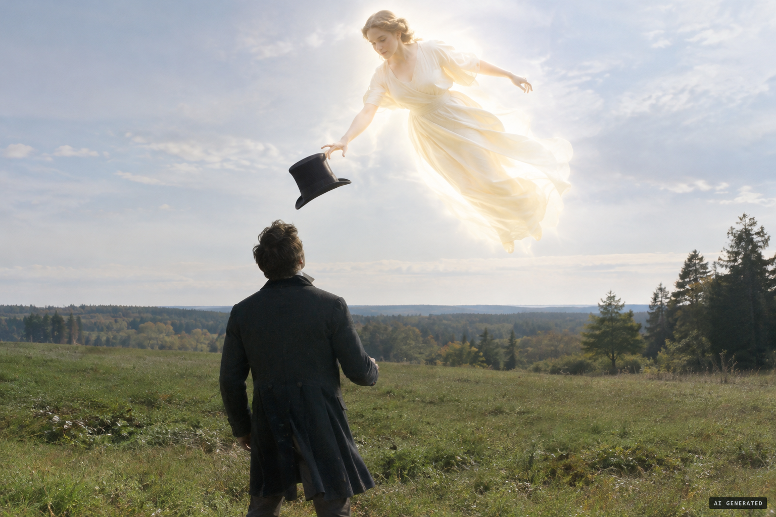The spirit floats in exceeding brilliancy above Dods and draws his hat to her hand