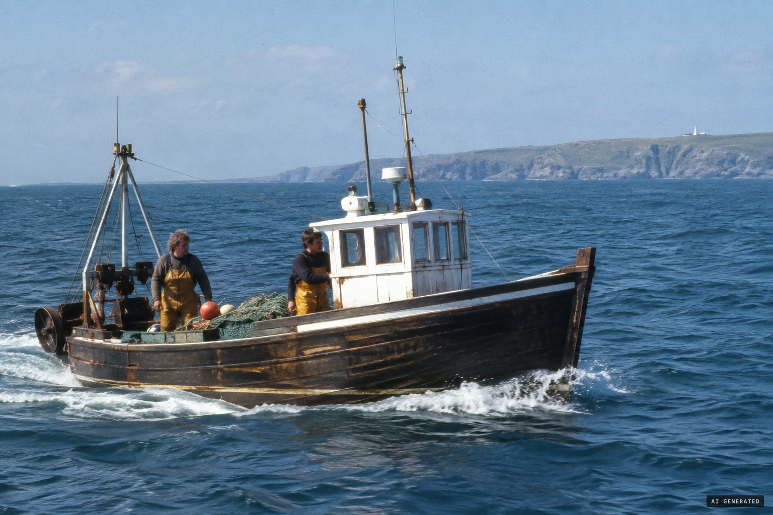 George Vinnicombe and John Cock aboard their fishing boat off Lizard Point