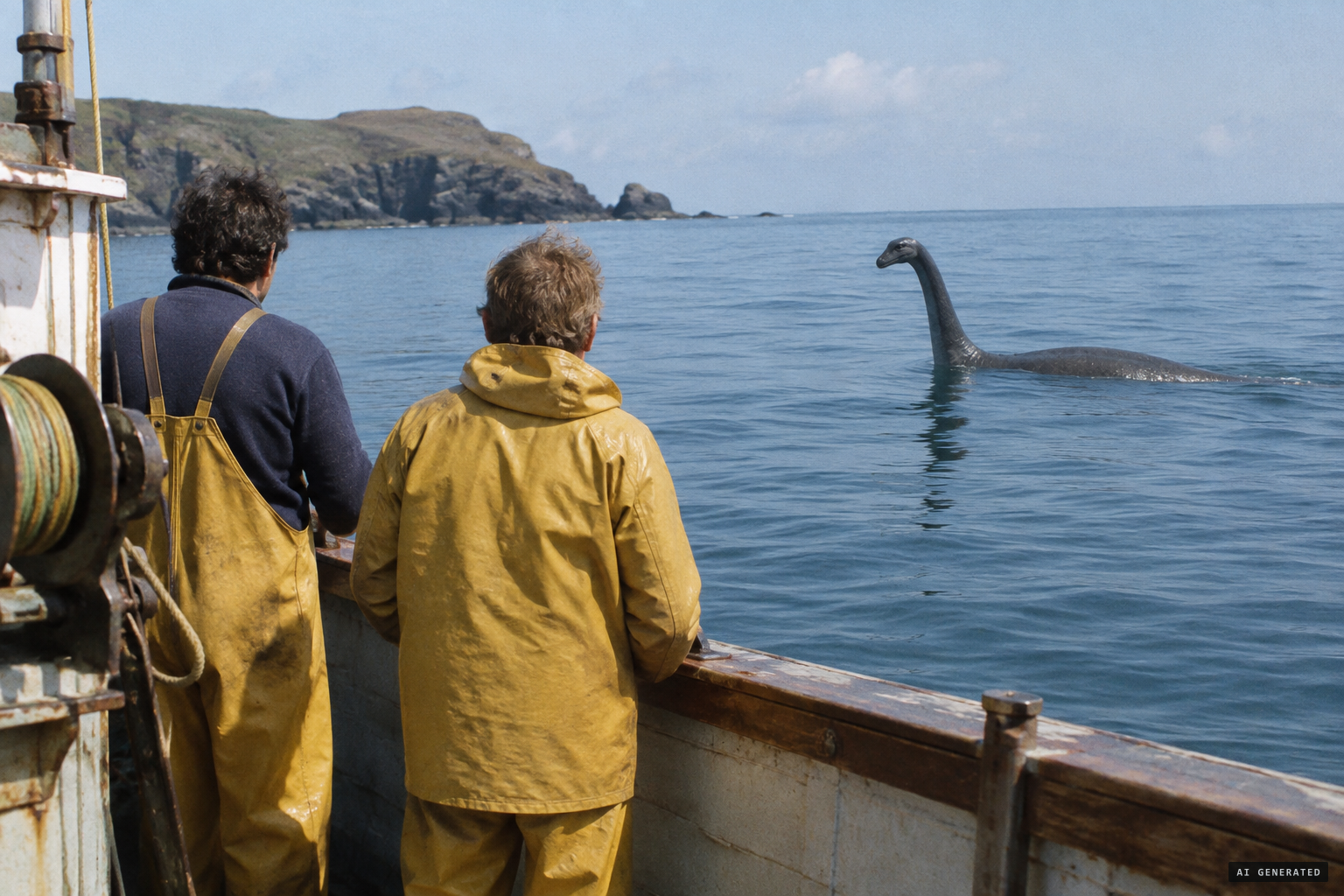 The creature calmly watches the fishermen as they watch it
