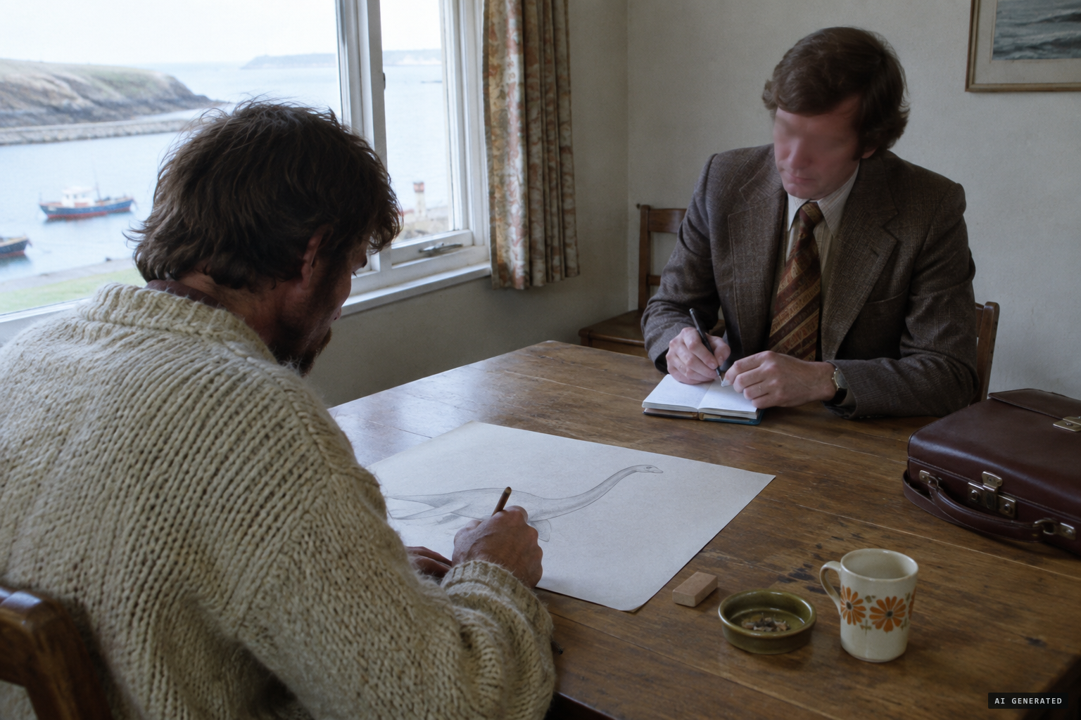 A museum official questions the fishermen separately as each makes a sketch