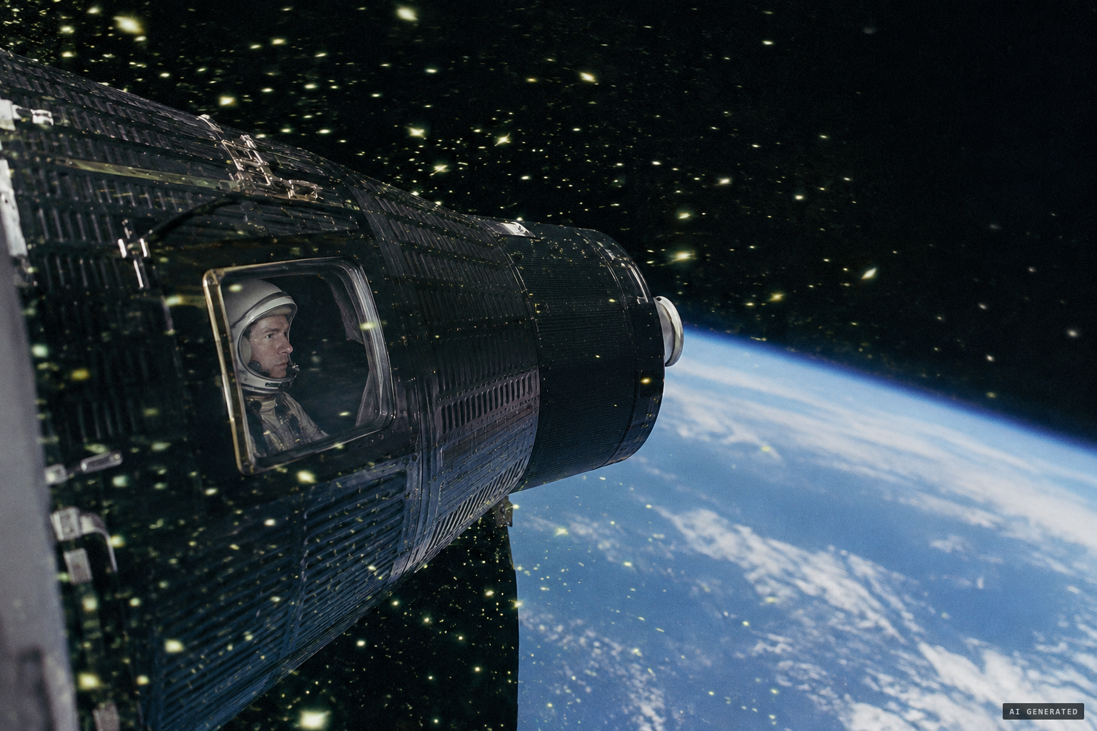 Thousands of yellowish-green 'fireflies' swirl around the capsule.