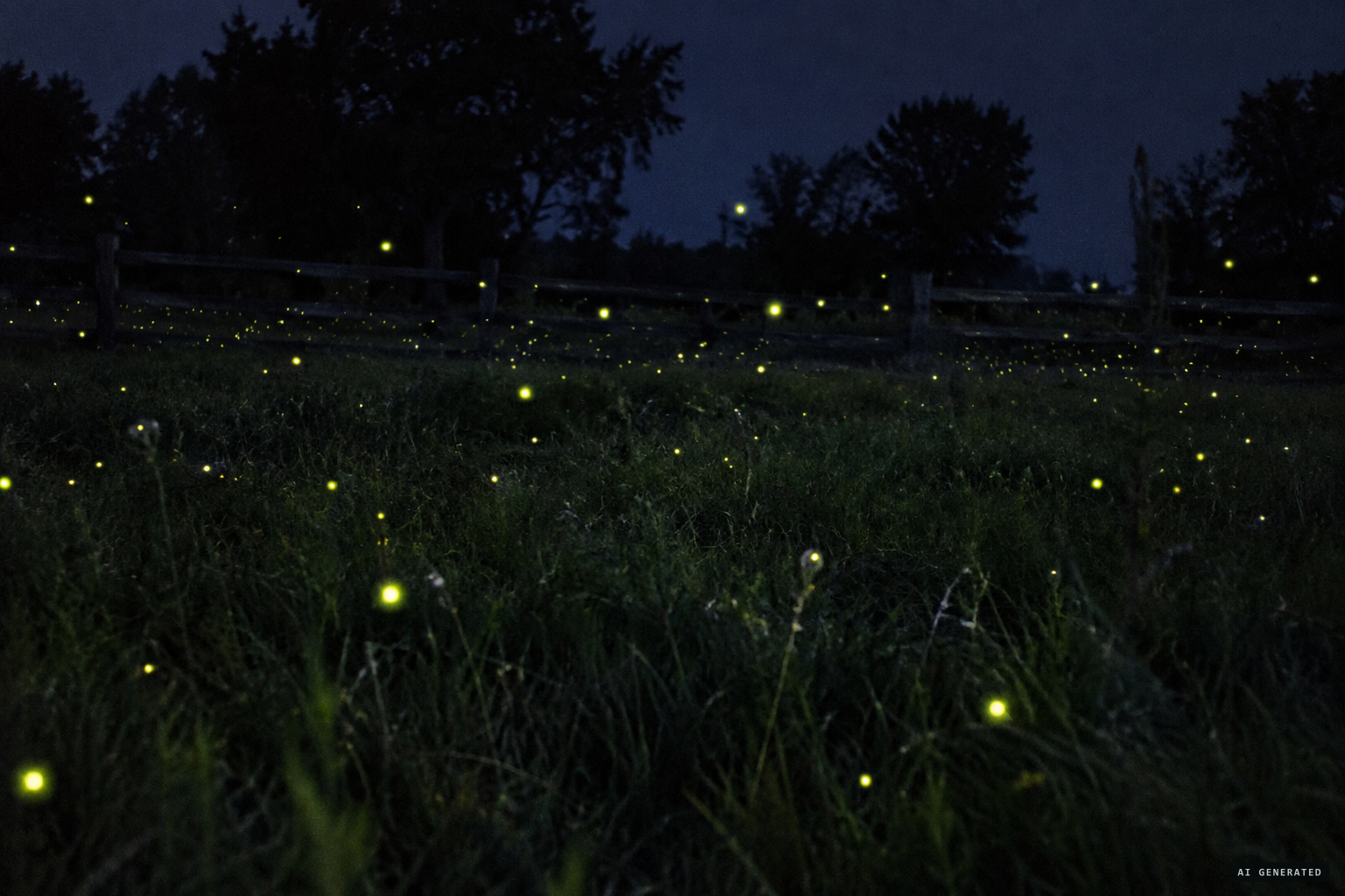 Glenn's image: a pasture where every firefly has stopped and glows steadily.
