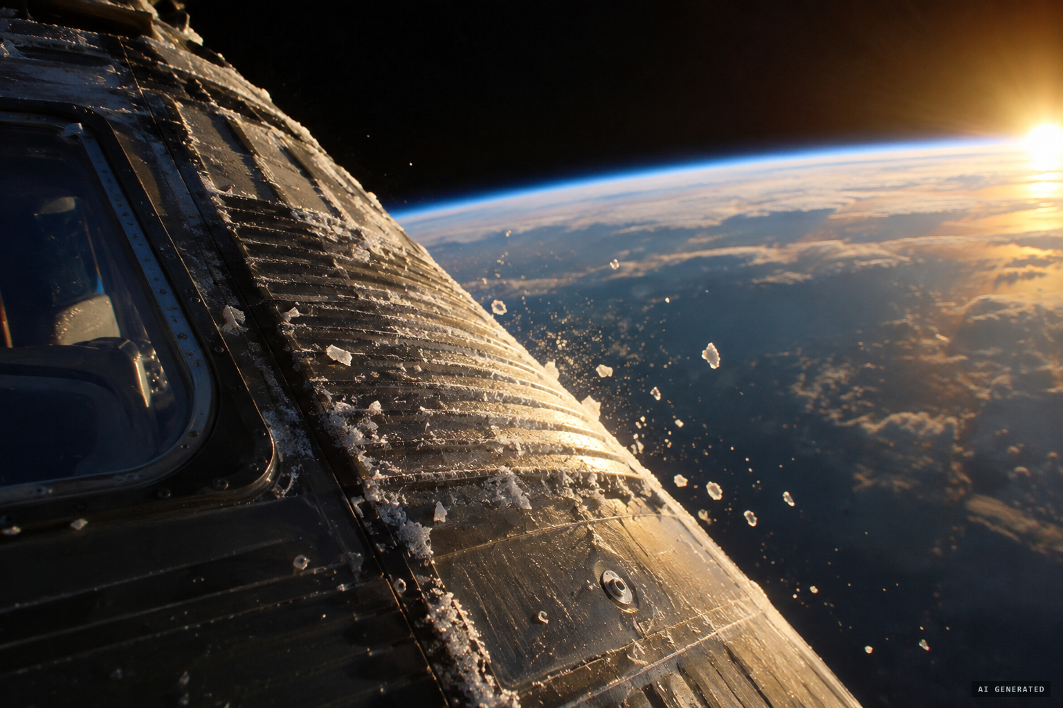 Frost formed during orbital night flakes off and catches the sun.