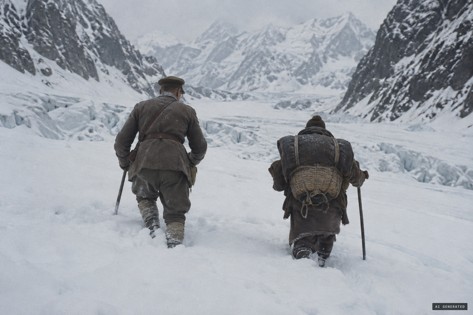 16 November: Hunt and Pasang trudge waist-deep up the glacier