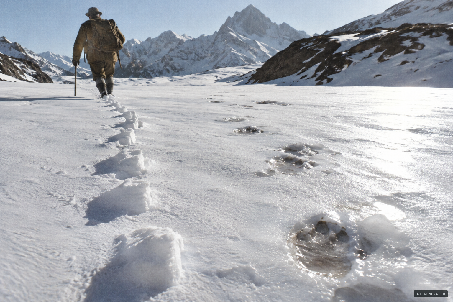 Wind-raised boot tracks and melt-enlarged animal prints