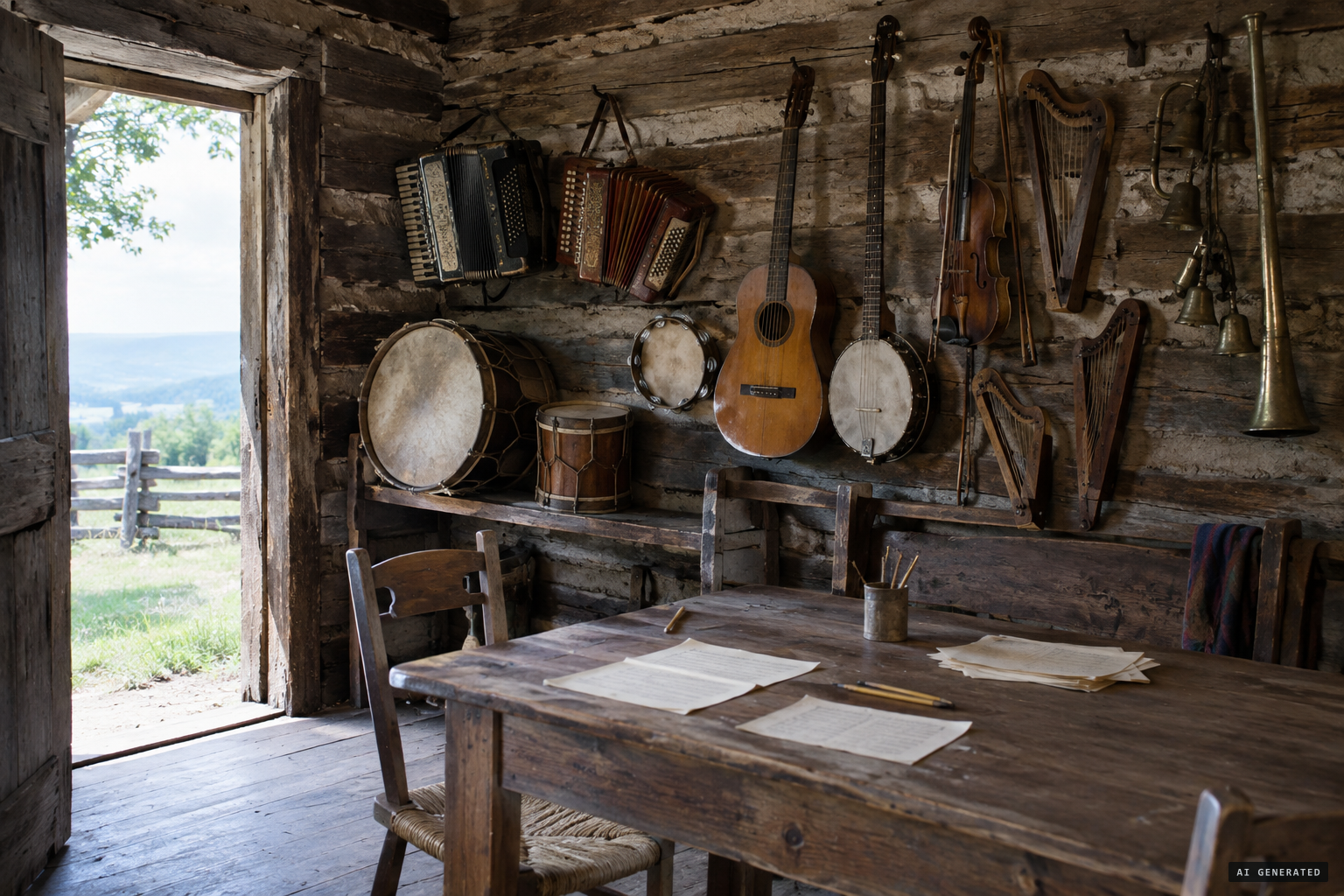 The sixteen-by-twelve log spirit room with its instruments and spiritual table