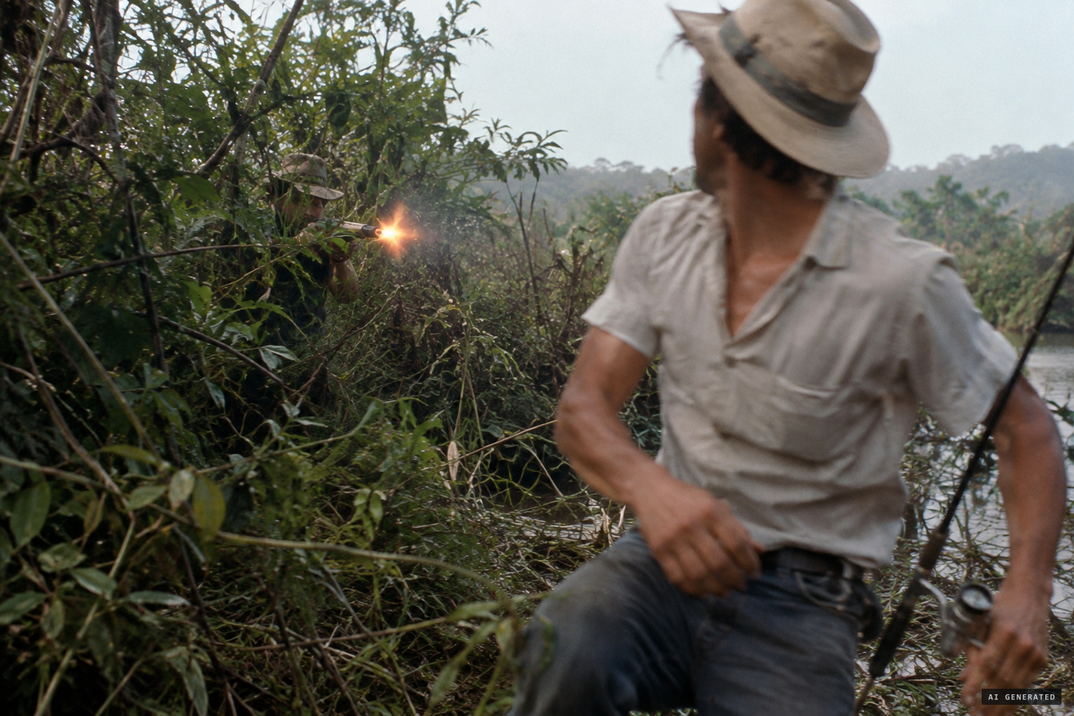 A burst of fire from a partly hidden figure hits his leg