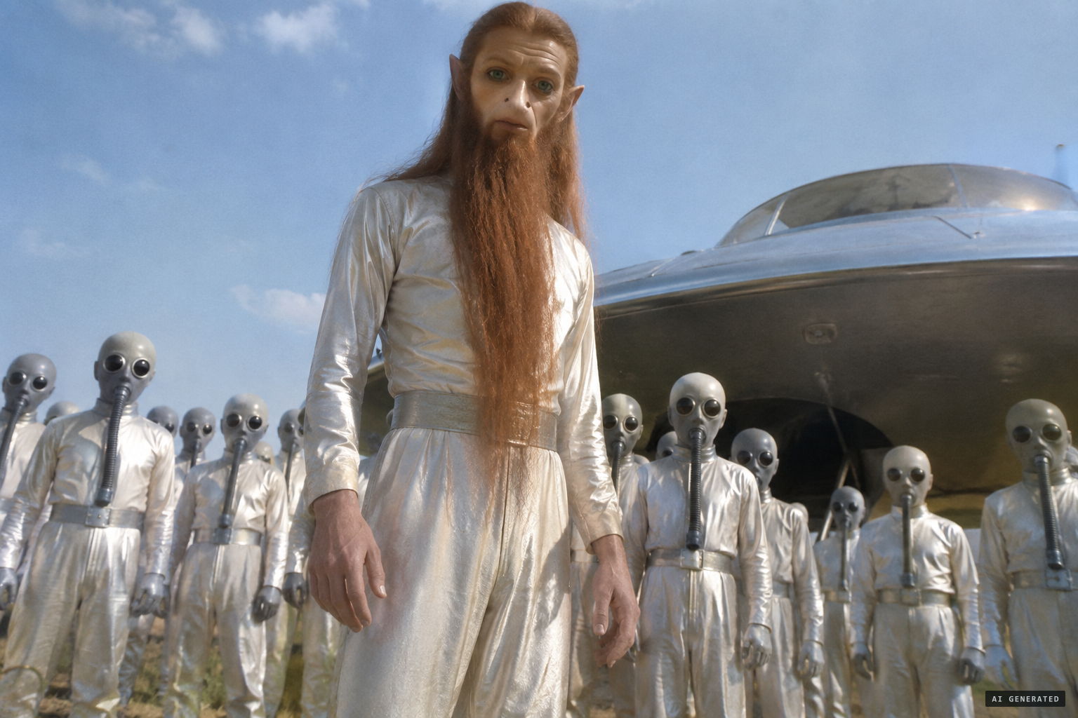 About a dozen masked beings and their unmasked, red-haired leader
