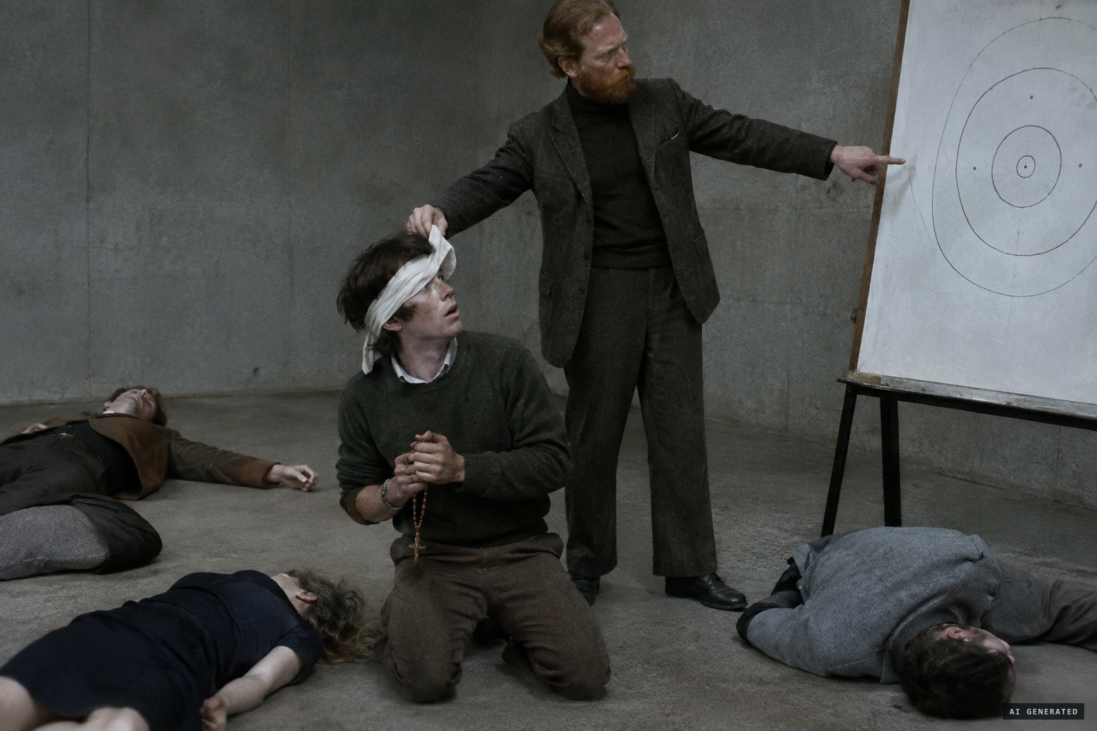 In the stone-grey hall, the leader lays out his plan on a white board