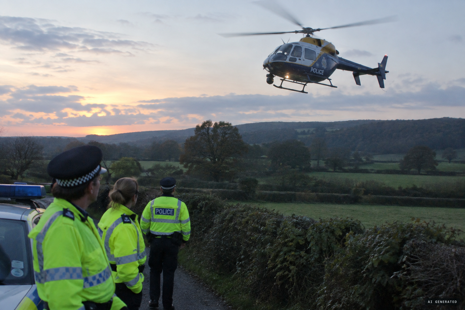 A police thermal-imaging helicopter searches the fields and finds no trace