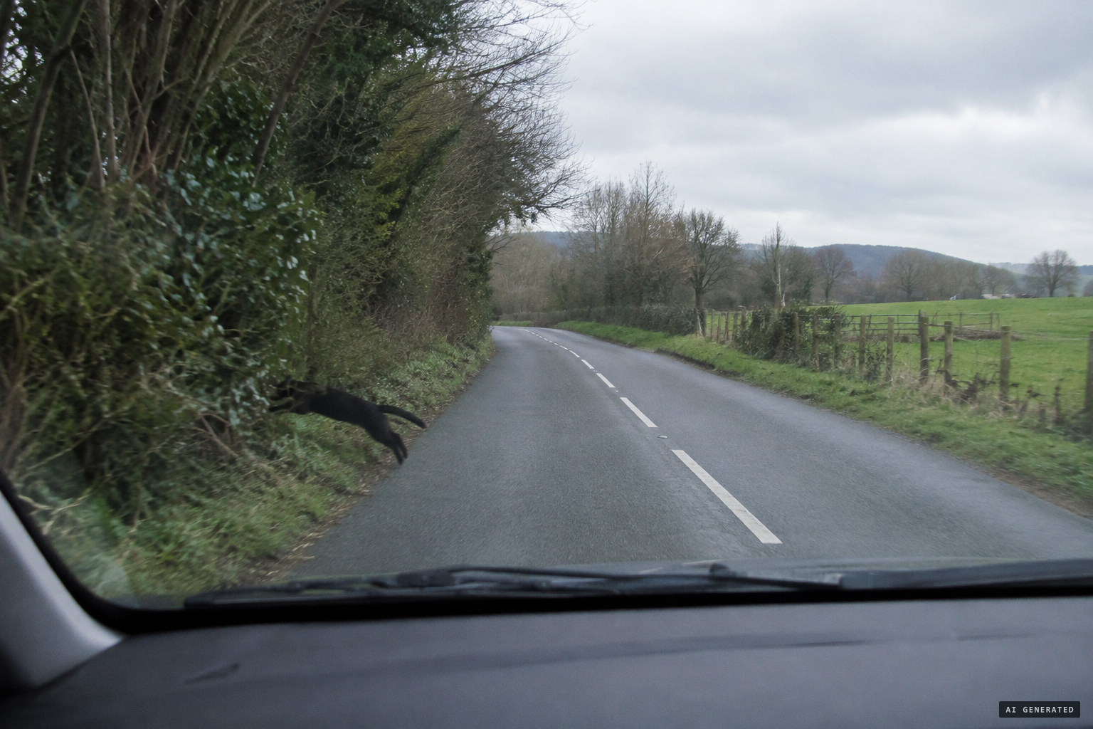 At The Narth, an animal crosses the road and leaps into the woods