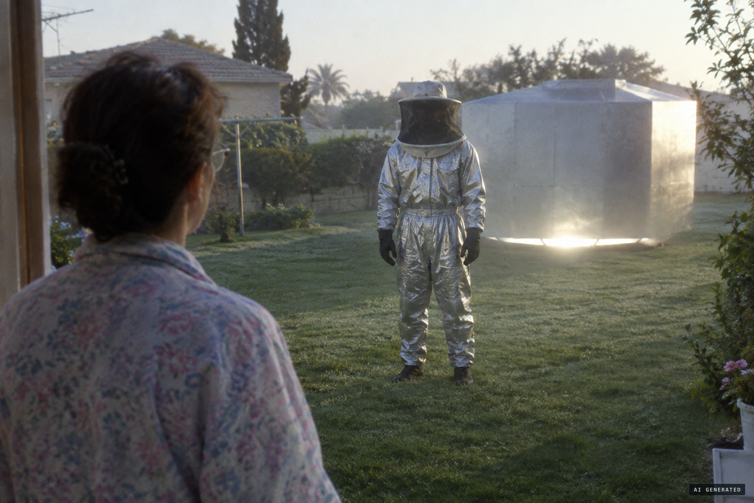 A seven-foot being in metallic overalls and a beekeeper's hat, ten yards away