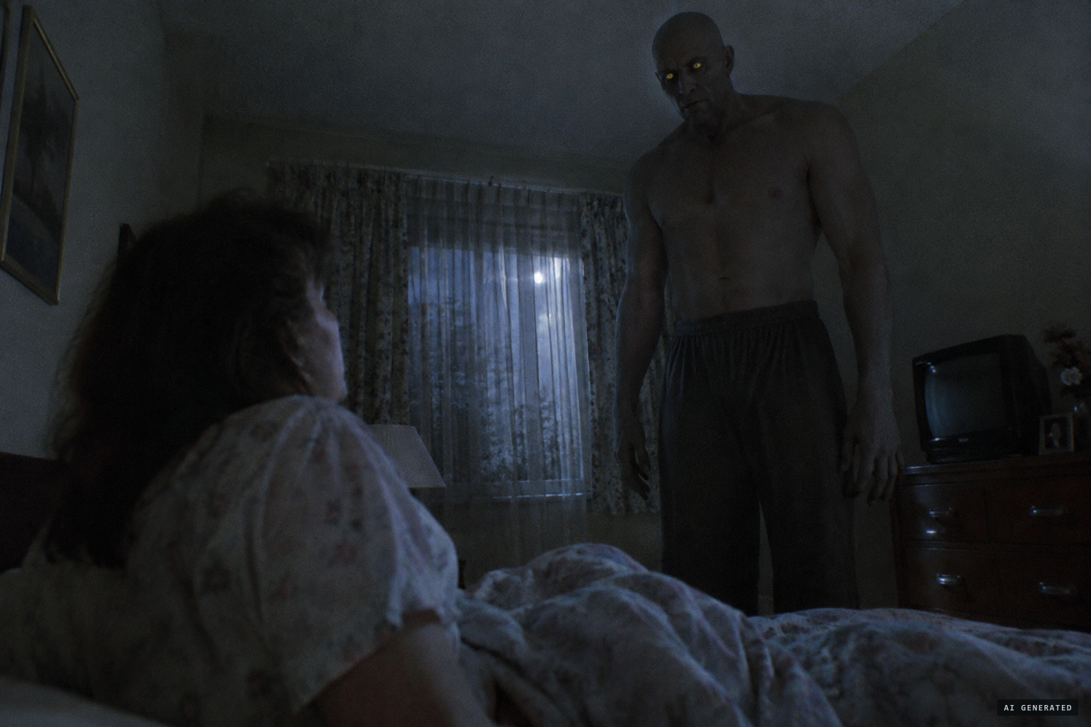 A neighbour wakes to a bald giant with round yellow eyes beside her bed