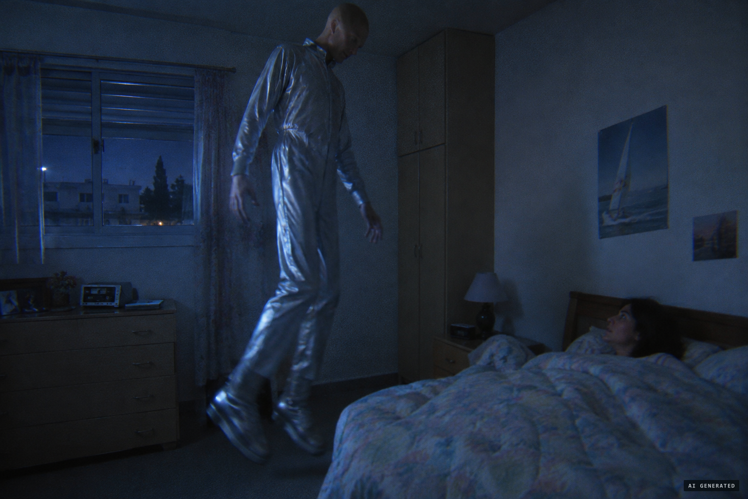 Shosh Yahud wakes to a being in silvery overalls circling her bed